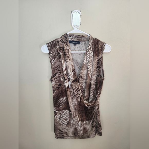 Evan-Pioneer Brown Abstract Snakeskin sleeveless faux wrap blouse - Picture 10 of 11